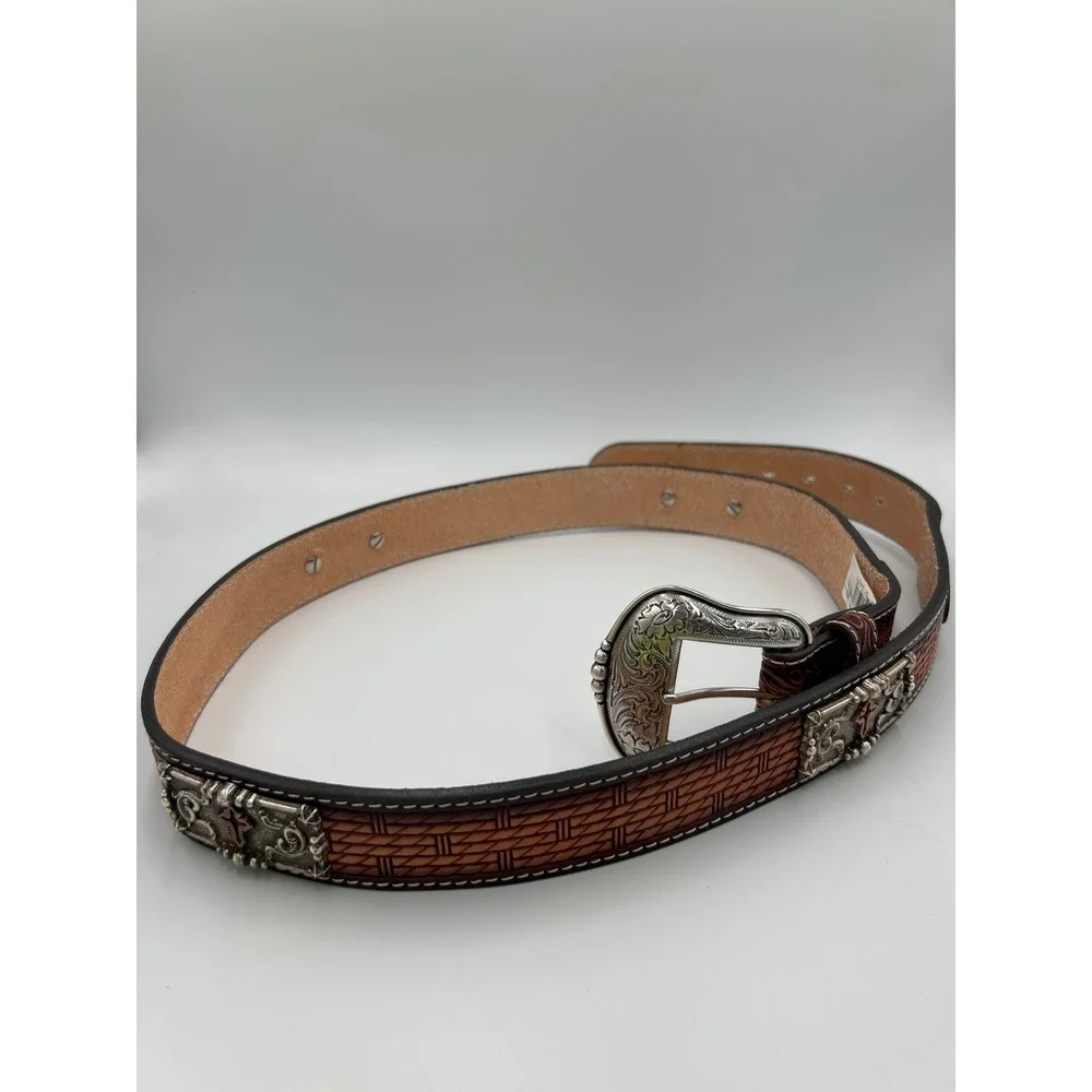 3-D Belt Co Mens Brown Leather Basketweave Western Belt Silver Cross Conchos 46